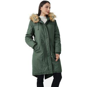 Women's Olive Light Fluffy Lined Long Sleeve Hooded Vest Jacket Coat Winter Warm